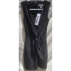 Dress the Population Alana Black Silver‎ Polka Dot Twist Front Dress Medium NWT